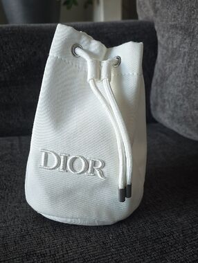 Dior White Embroidered Drawstring Pouch with Metal-Tip Cords